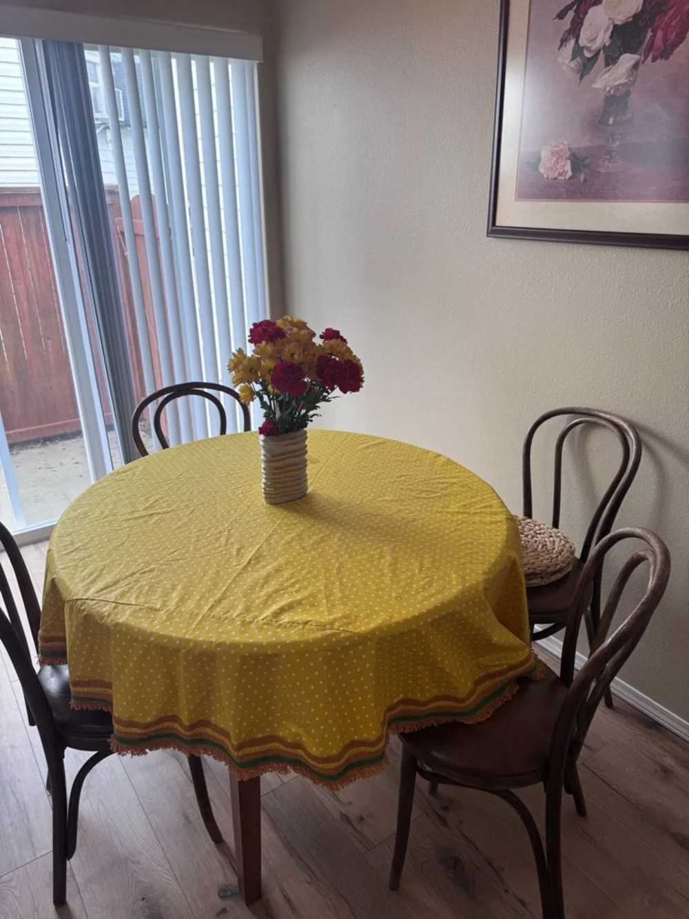 VTG 70s Round Tablecloth Mustard Yellow Avocado Green Fringe 69 inch polka dot